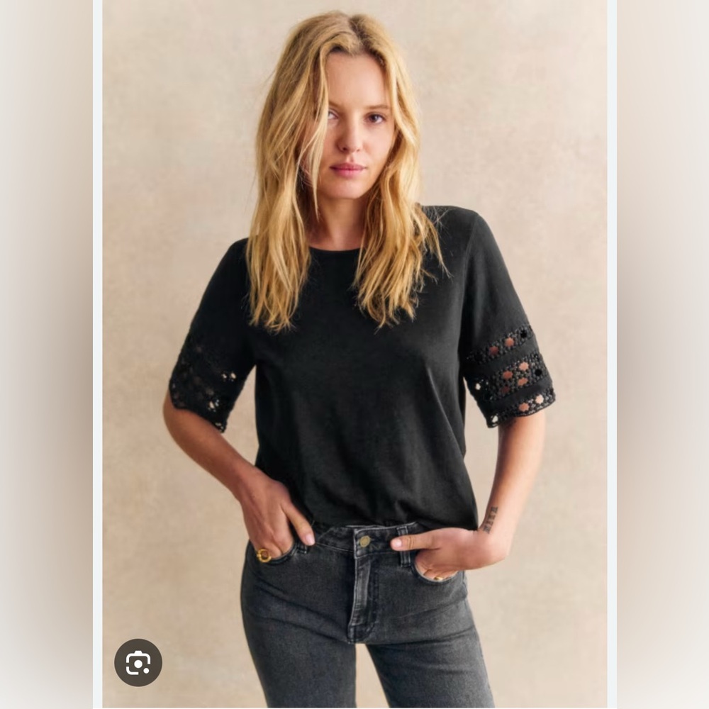 Sezane NWT Black Lace Sleeve Women's Top